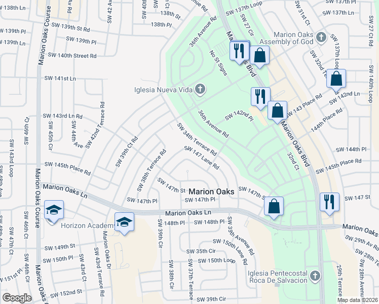 map of restaurants, bars, coffee shops, grocery stores, and more near 3721 Southwest 147 Lane Road in Ocala