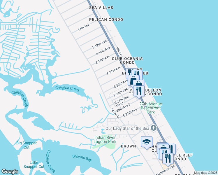 map of restaurants, bars, coffee shops, grocery stores, and more near 804 East 23rd Avenue in New Smyrna Beach