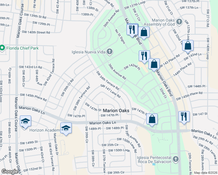 map of restaurants, bars, coffee shops, grocery stores, and more near 3721 Southwest 147 Lane Road in Ocala