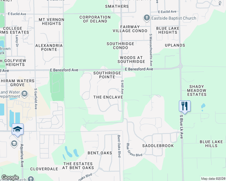 map of restaurants, bars, coffee shops, grocery stores, and more near 106 Enclave Avenue in DeLand