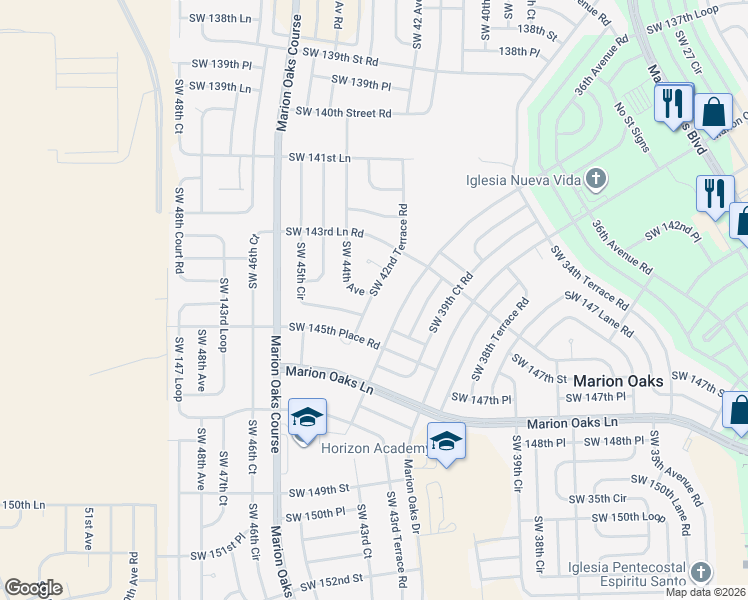 map of restaurants, bars, coffee shops, grocery stores, and more near 14489 Southwest 42nd Terrace Road in Ocala