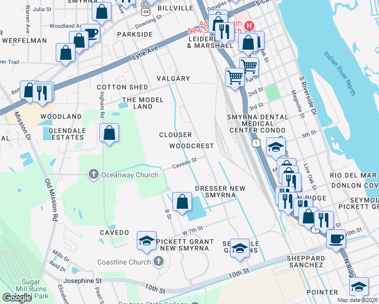 map of restaurants, bars, coffee shops, grocery stores, and more near 830 South Duss Street in New Smyrna Beach
