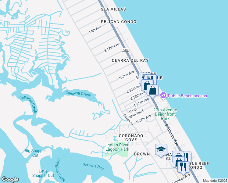 map of restaurants, bars, coffee shops, grocery stores, and more near 3201 Saxon Drive in New Smyrna Beach