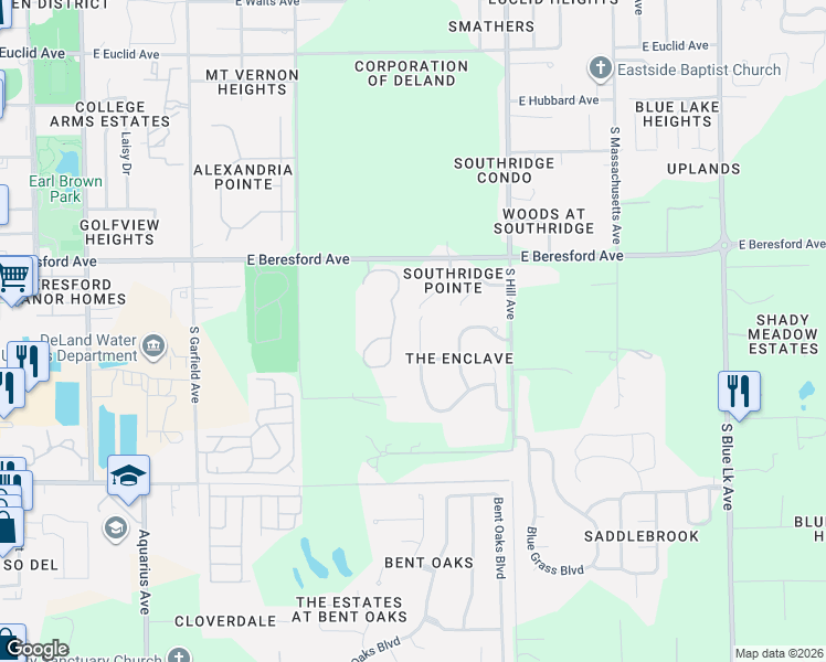 map of restaurants, bars, coffee shops, grocery stores, and more near 136 Casa Bella Boulevard in DeLand