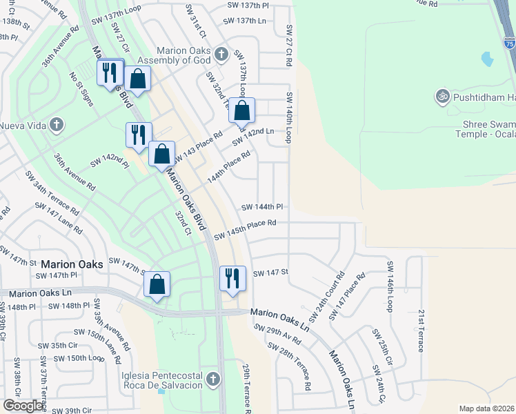 map of restaurants, bars, coffee shops, grocery stores, and more near Southwest 144th Place in Marion County