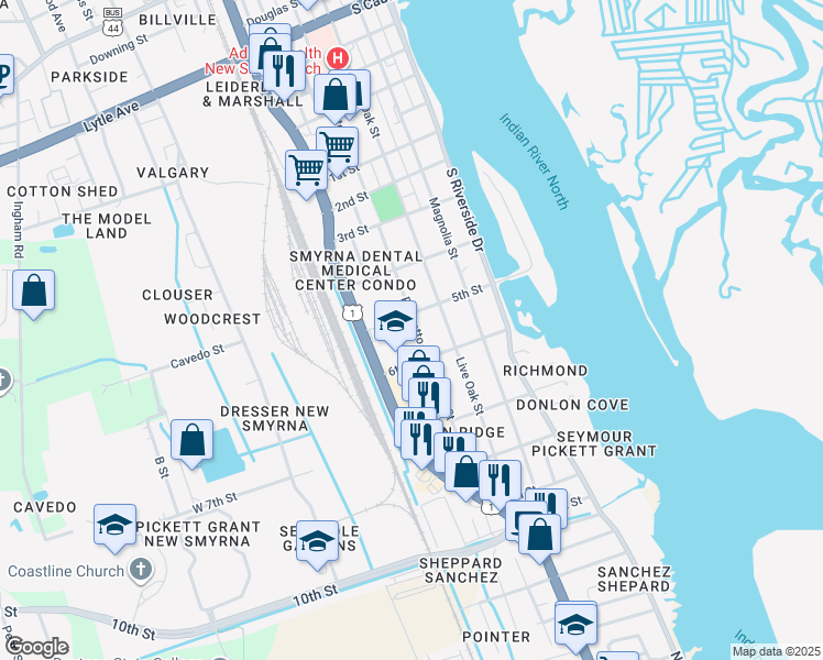 map of restaurants, bars, coffee shops, grocery stores, and more near 1304 Palmetto Street in New Smyrna Beach