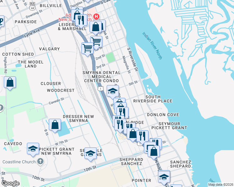 map of restaurants, bars, coffee shops, grocery stores, and more near 1304 Palmetto Street in New Smyrna Beach