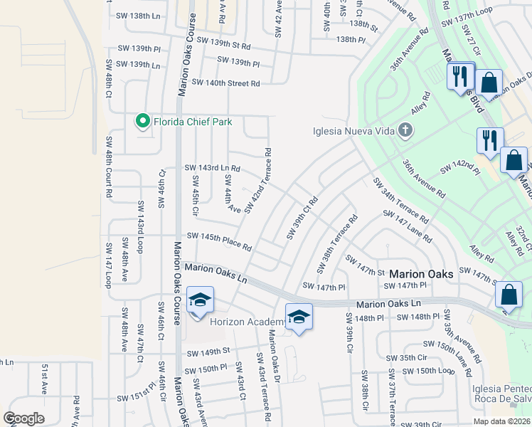map of restaurants, bars, coffee shops, grocery stores, and more near 14486 Southwest 43rd Court Road in Ocala