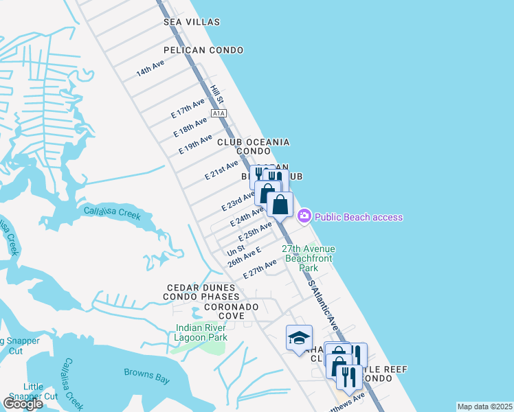 map of restaurants, bars, coffee shops, grocery stores, and more near 838 East 24th Avenue in New Smyrna Beach