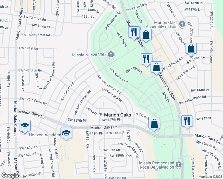 map of restaurants, bars, coffee shops, grocery stores, and more near 14485 Southwest 34th Terrace Road in Ocala
