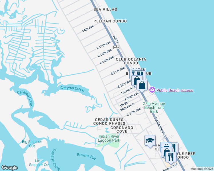 map of restaurants, bars, coffee shops, grocery stores, and more near 3201 Saxon Drive in New Smyrna Beach