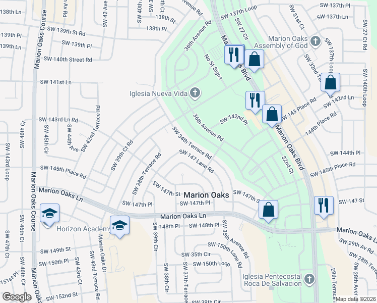 map of restaurants, bars, coffee shops, grocery stores, and more near 3721 Southwest 147 Lane Road in Ocala