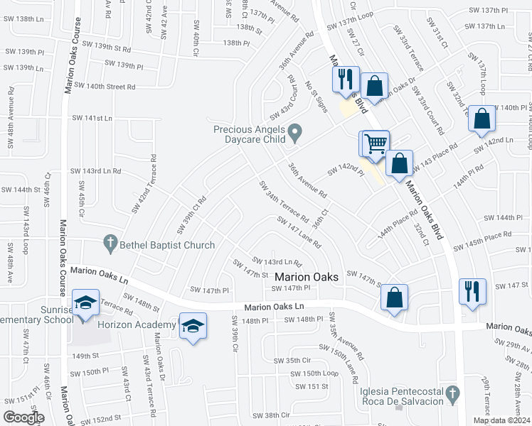 map of restaurants, bars, coffee shops, grocery stores, and more near 3771 Southwest 147 Lane Road in Ocala