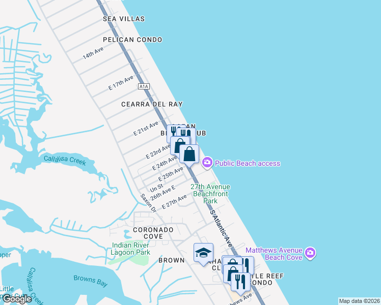 map of restaurants, bars, coffee shops, grocery stores, and more near 3401 South Atlantic Avenue in New Smyrna Beach
