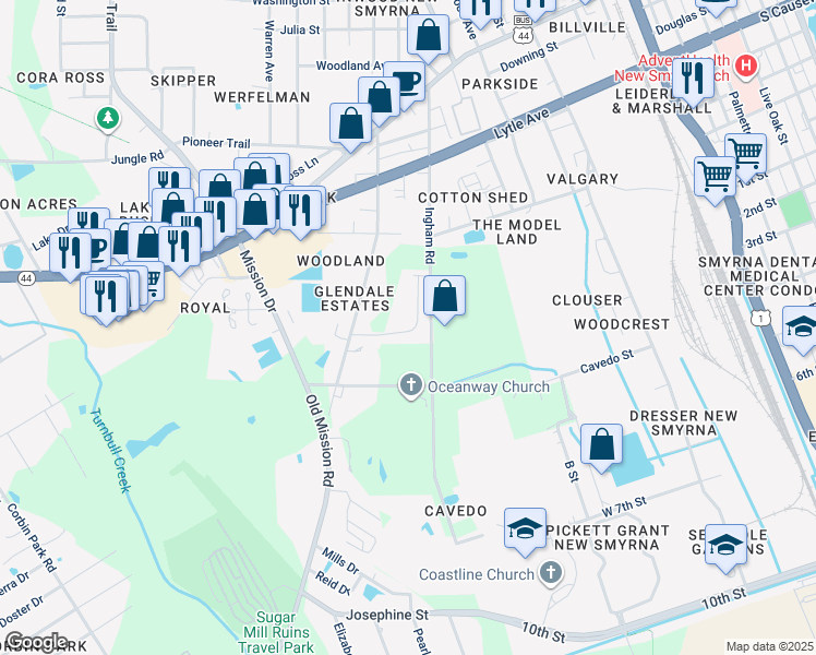 map of restaurants, bars, coffee shops, grocery stores, and more near 600 Ingham Road in New Smyrna Beach