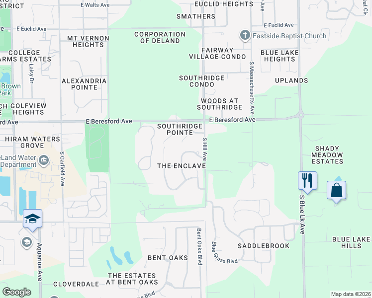map of restaurants, bars, coffee shops, grocery stores, and more near 106 Enclave Avenue in DeLand