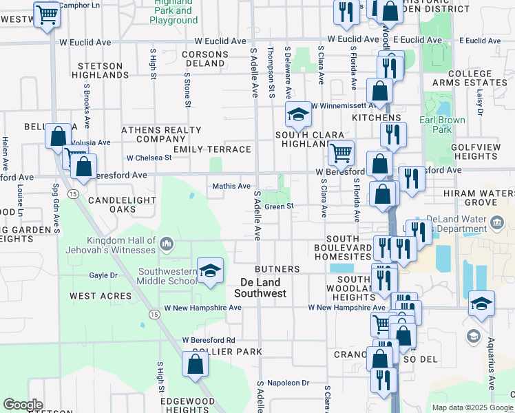 map of restaurants, bars, coffee shops, grocery stores, and more near 935 South Adelle Avenue in DeLand