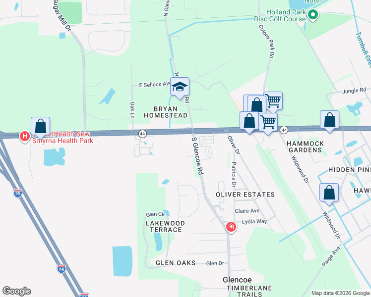map of restaurants, bars, coffee shops, grocery stores, and more near 2500 Florida 44 in New Smyrna Beach