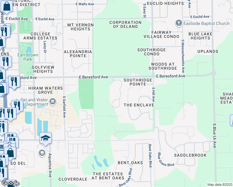 map of restaurants, bars, coffee shops, grocery stores, and more near 1600 East Beresford Avenue in DeLand