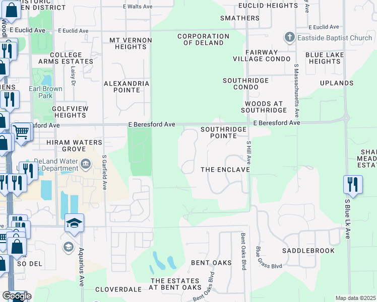 map of restaurants, bars, coffee shops, grocery stores, and more near 1600 East Beresford Avenue in DeLand