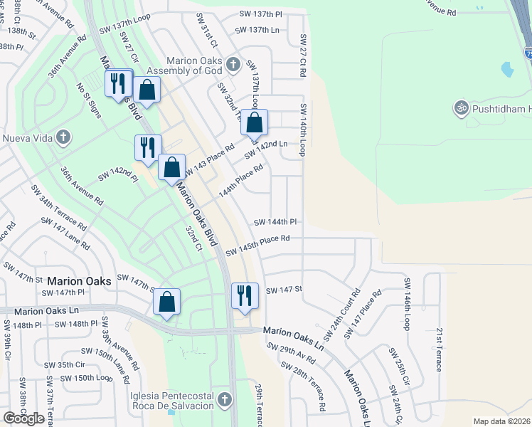 map of restaurants, bars, coffee shops, grocery stores, and more near 2824 Southwest 144th Place in Ocala