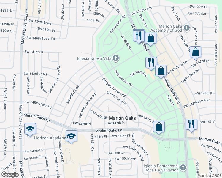 map of restaurants, bars, coffee shops, grocery stores, and more near 3721 Southwest 147 Lane Road in Ocala