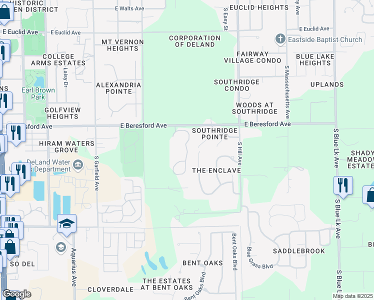 map of restaurants, bars, coffee shops, grocery stores, and more near 988 Country Club Park in DeLand