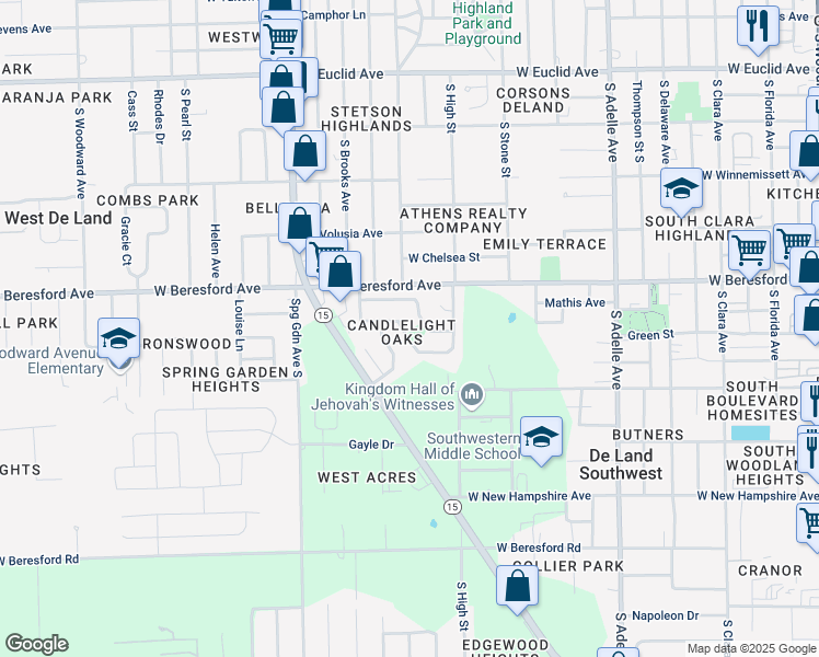 map of restaurants, bars, coffee shops, grocery stores, and more near 833 Longview Avenue in DeLand