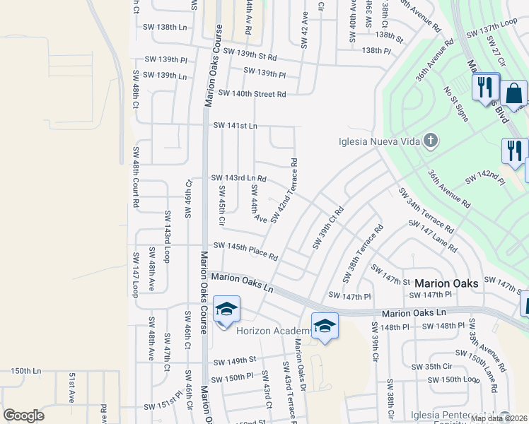 map of restaurants, bars, coffee shops, grocery stores, and more near 14489 Southwest 42nd Terrace Road in Ocala