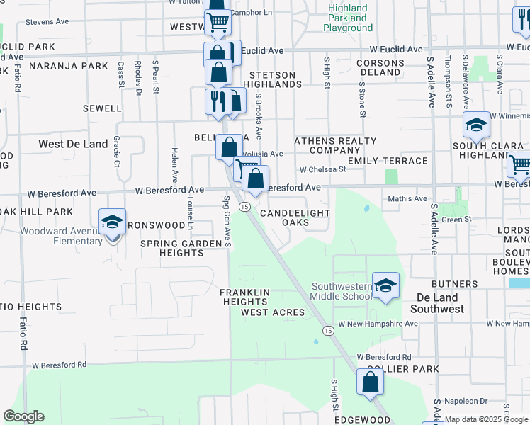 map of restaurants, bars, coffee shops, grocery stores, and more near 924 Oakhurst Avenue in DeLand