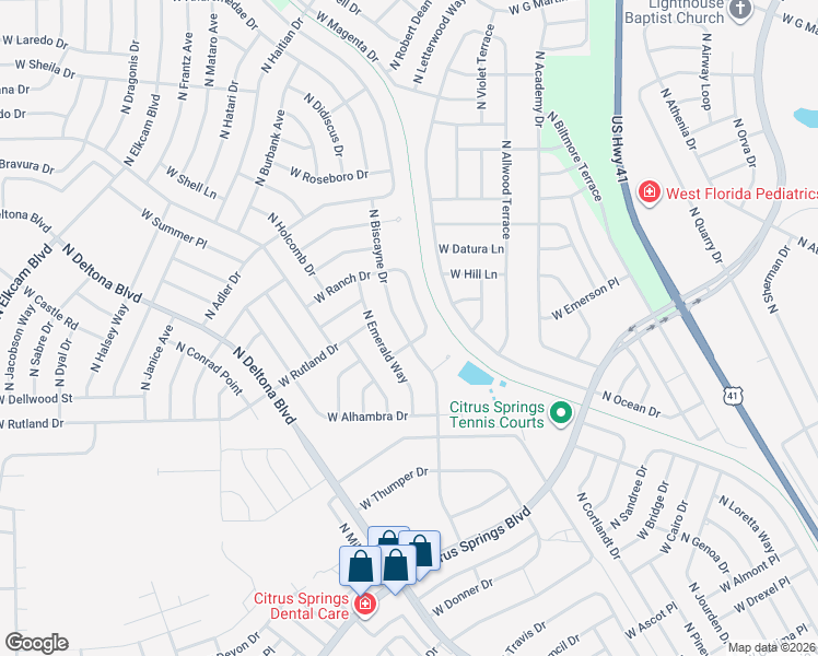 map of restaurants, bars, coffee shops, grocery stores, and more near 10161 North Biscayne Drive in Citrus Springs
