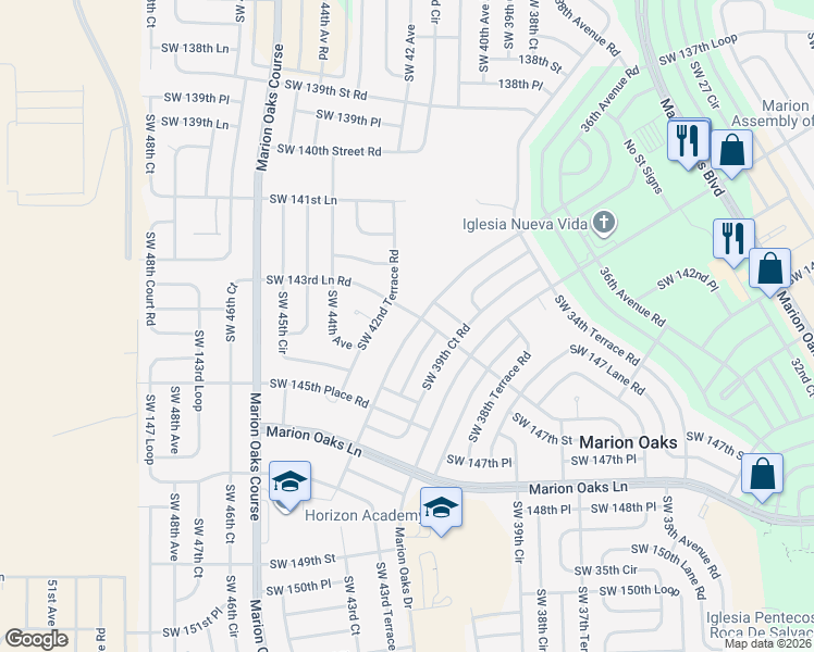 map of restaurants, bars, coffee shops, grocery stores, and more near 14385 Southwest 42nd Terrace Road in Ocala