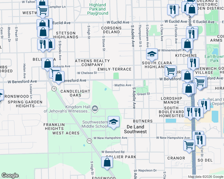map of restaurants, bars, coffee shops, grocery stores, and more near 1335 South Salisbury Avenue in DeLand