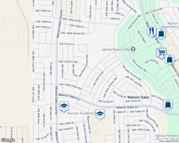map of restaurants, bars, coffee shops, grocery stores, and more near 14385 Southwest 42nd Terrace Road in Ocala