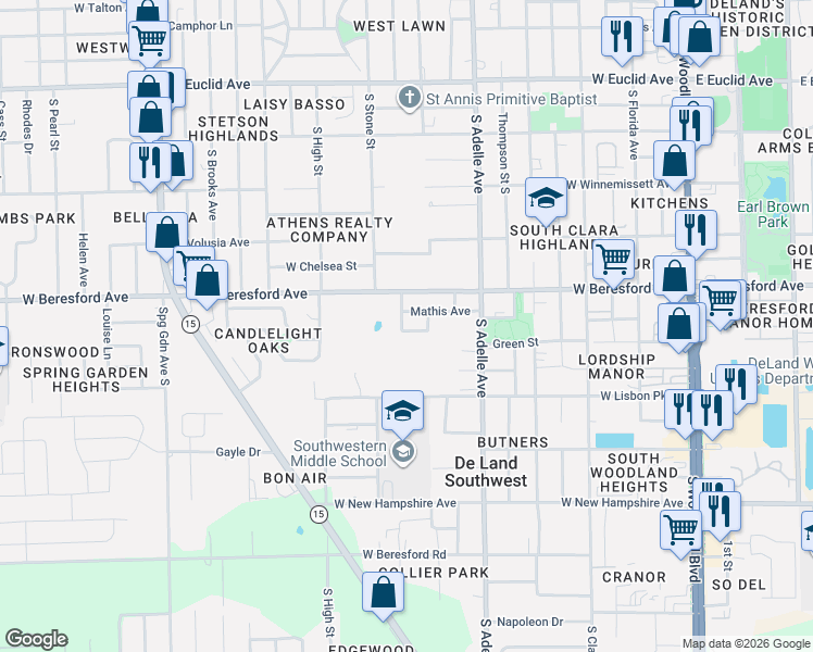 map of restaurants, bars, coffee shops, grocery stores, and more near 613 West Mathis Street in DeLand