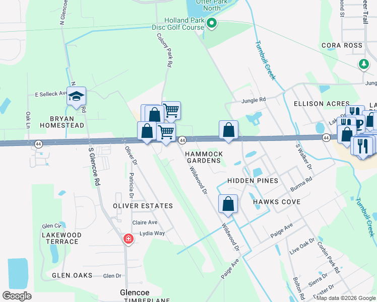 map of restaurants, bars, coffee shops, grocery stores, and more near 235 Wildwood Drive in New Smyrna Beach