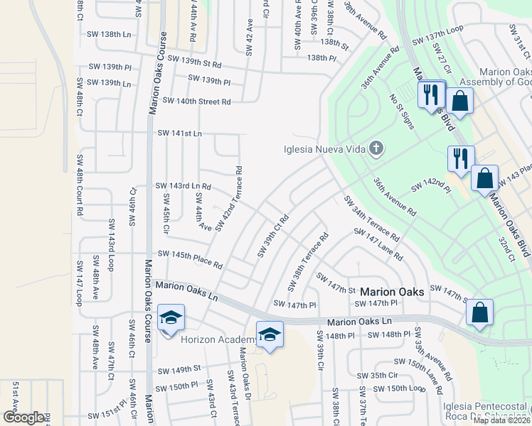 map of restaurants, bars, coffee shops, grocery stores, and more near 14381 Southwest 43rd Court Road in Ocala