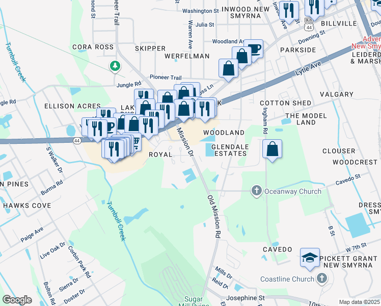 map of restaurants, bars, coffee shops, grocery stores, and more near 1802 Sugartree Circle in New Smyrna Beach
