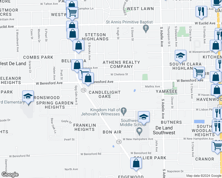 map of restaurants, bars, coffee shops, grocery stores, and more near 821 Valleydale Avenue in DeLand