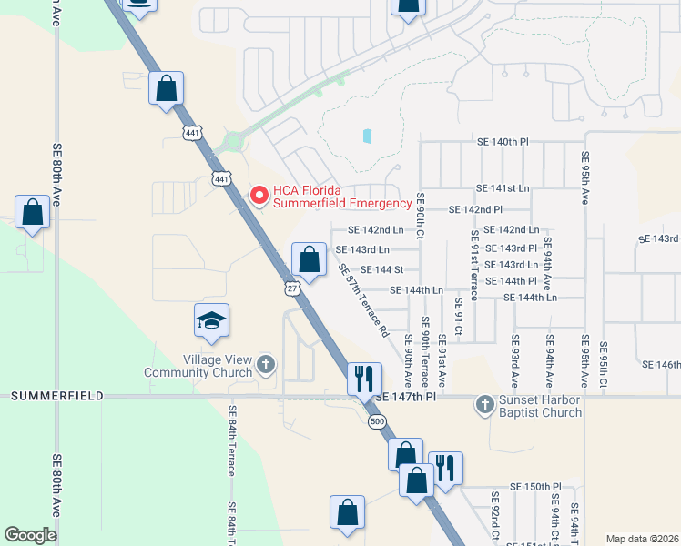map of restaurants, bars, coffee shops, grocery stores, and more near 8825 Southeast 144 Street in Summerfield