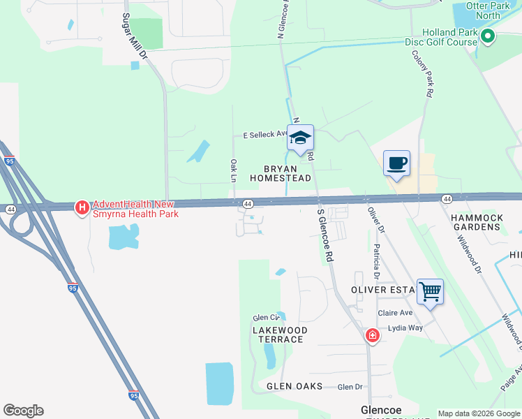 map of restaurants, bars, coffee shops, grocery stores, and more near 2548-2576 Florida 44 in New Smyrna Beach