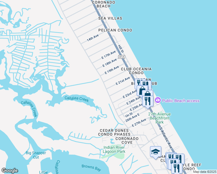 map of restaurants, bars, coffee shops, grocery stores, and more near 3007 Saxon Drive in New Smyrna Beach