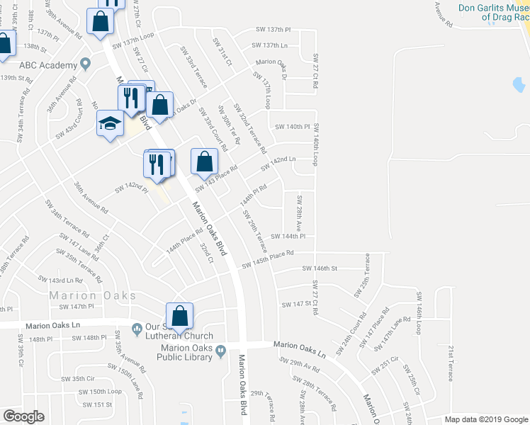 map of restaurants, bars, coffee shops, grocery stores, and more near 14360 Southwest 33rd Court Road in Ocala