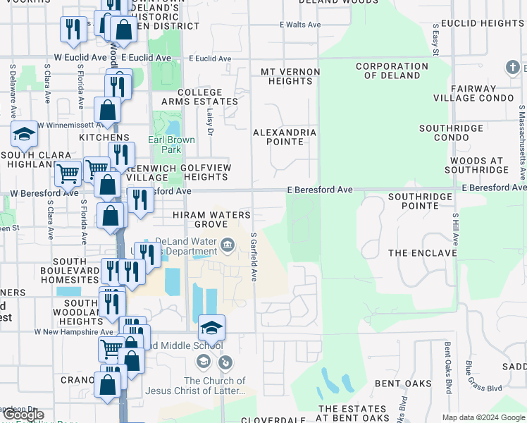 map of restaurants, bars, coffee shops, grocery stores, and more near 506 East Samuel Street in DeLand