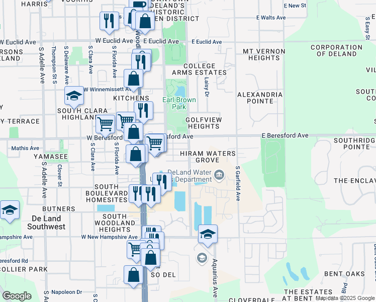 map of restaurants, bars, coffee shops, grocery stores, and more near 246 Elmwood Avenue in DeLand