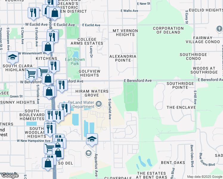 map of restaurants, bars, coffee shops, grocery stores, and more near 506 East Samuel Street in DeLand