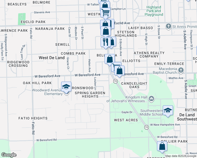 map of restaurants, bars, coffee shops, grocery stores, and more near 3 Jeanette Drive in DeLand