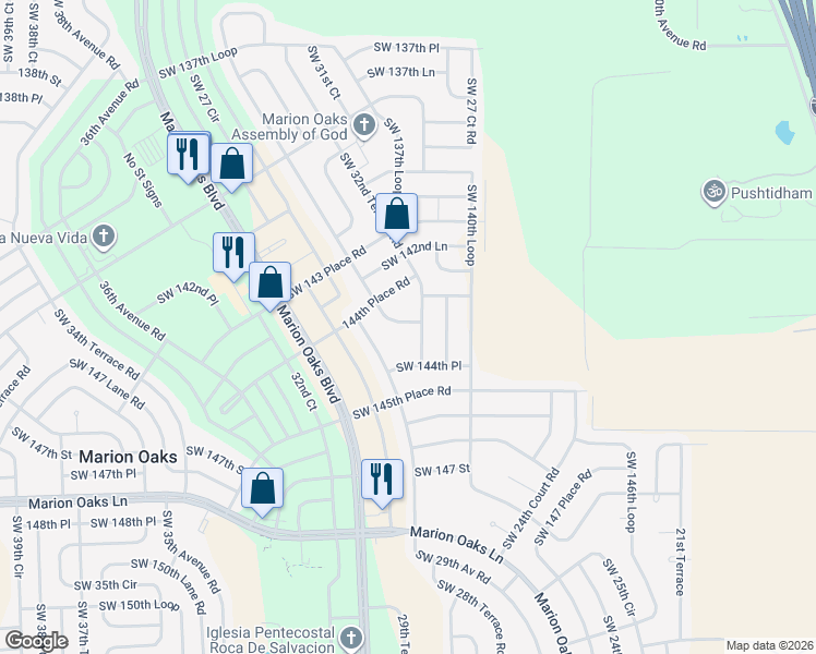 map of restaurants, bars, coffee shops, grocery stores, and more near 14360 Southwest 33rd Court Road in Ocala