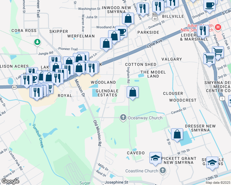 map of restaurants, bars, coffee shops, grocery stores, and more near 471 Old Mission Road in New Smyrna Beach