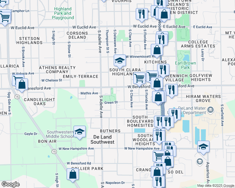 map of restaurants, bars, coffee shops, grocery stores, and more near 905 South Delaware Avenue in DeLand
